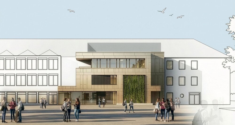 Visualisierung des geplanten Erweiterungsbaus der Clemens-Brentano-/Overberg Realschule plus. Visualisierung des geplanten Erweiterungsbaus der Clemens-Brentano-/Overberg Realschule plus.