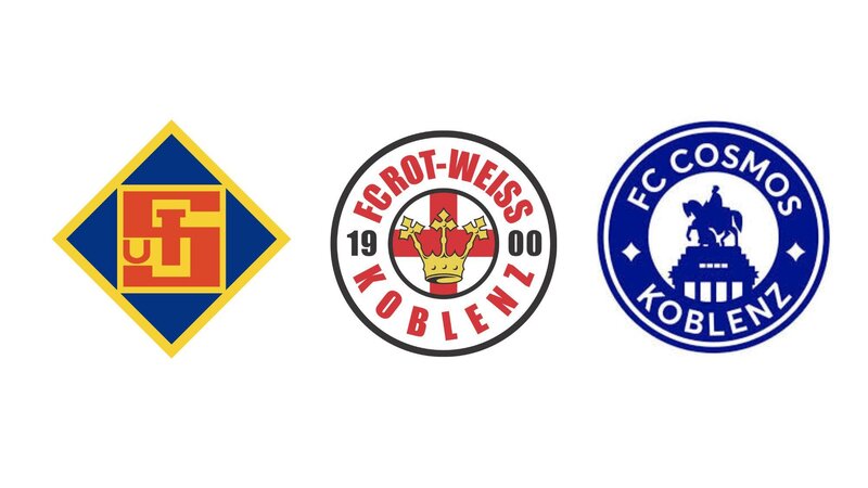Die Logos der TuS Koblenz, des FC Rot-Weiss Koblenz und des FC Cosmos Koblenz.