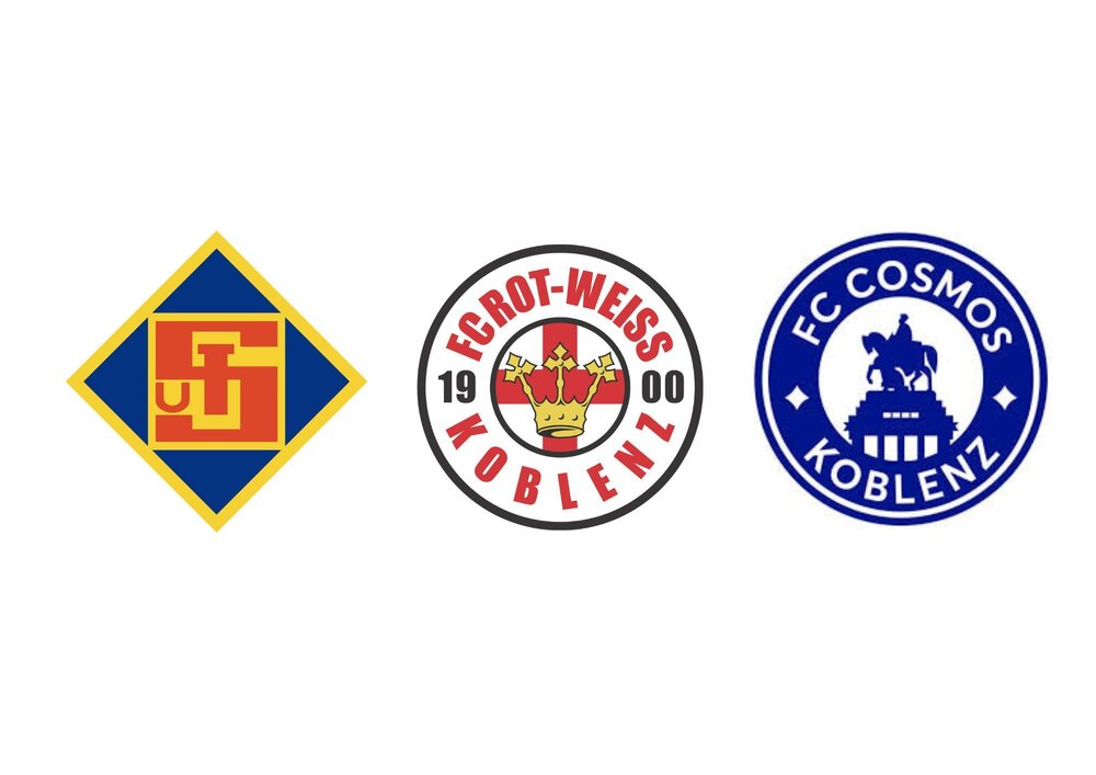 Die Logos der TuS Koblenz, des FC Rot-Weiss Koblenz und des FC Cosmos Koblenz.