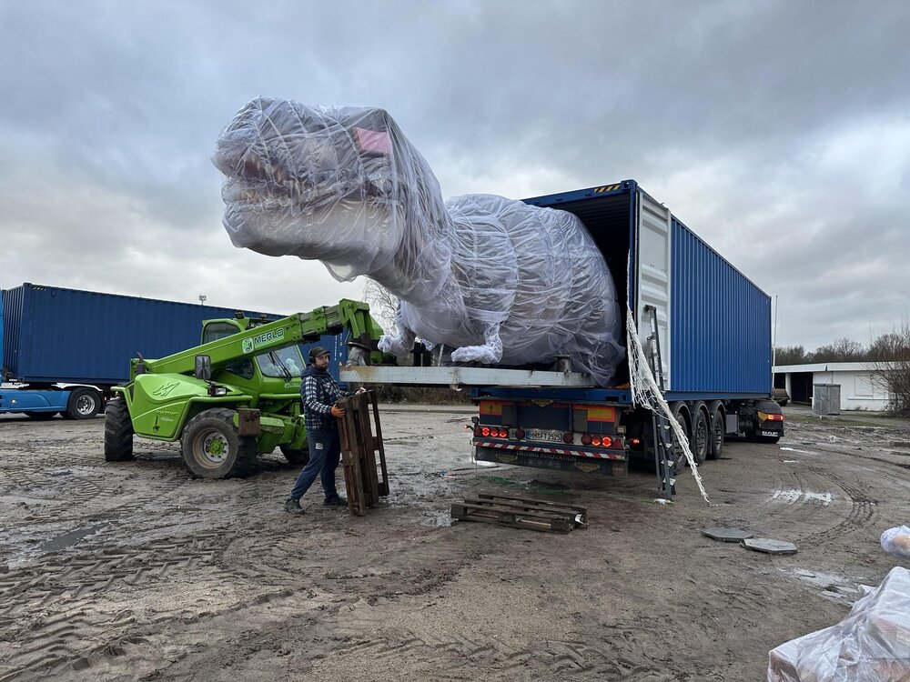 Ein Dinosaurier wird für die Ausstellung aufgebaut.