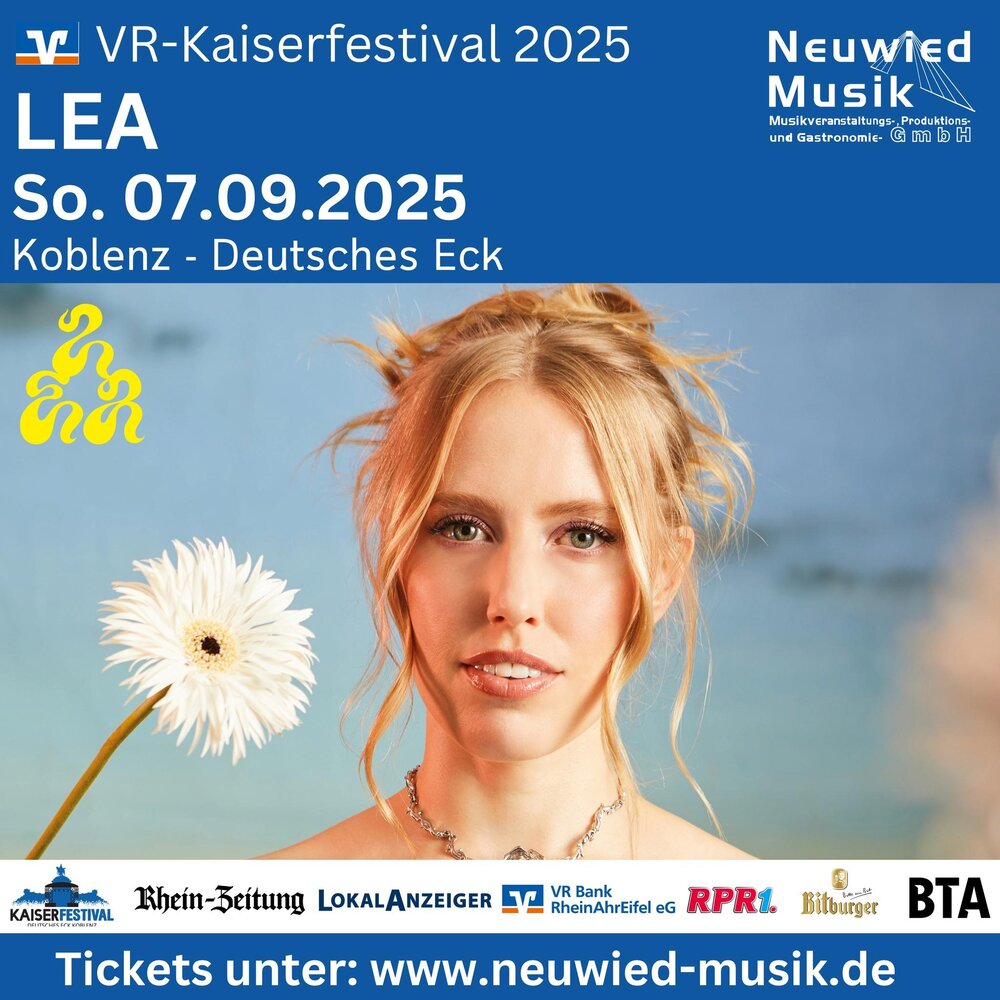 Am 07. September 2025 tritt LEA auf dem VR-Kaiserfestival 2025 auf. Am 07. September 2025 tritt LEA auf dem VR-Kaiserfestival 2025 auf.