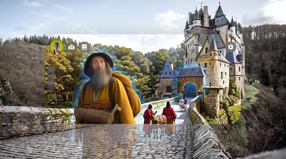 Mithilfe von Augmented Reality auf dem Smartphone wird Geschichte in MYK erlebbar, so etwa an der Burg Eltz, an Caesars Brücke am Rhein bei Weißenthurm, im Mühlsteinrevier, am Industriestand Mithilfe von Augmented Reality auf dem Smartphone wird Geschichte in MYK erlebbar, so etwa an der Burg Eltz, an Caesars Brücke am Rhein bei Weißenthurm, im Mühlsteinrevier, am Industriestand