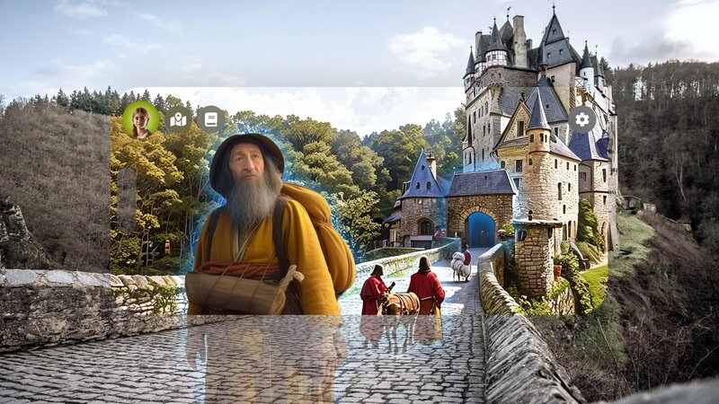 Mithilfe von Augmented Reality auf dem Smartphone wird Geschichte in MYK erlebbar, so etwa an der Burg Eltz, an Caesars Brücke am Rhein bei Weißenthurm, im Mühlsteinrevier, am Industriestand