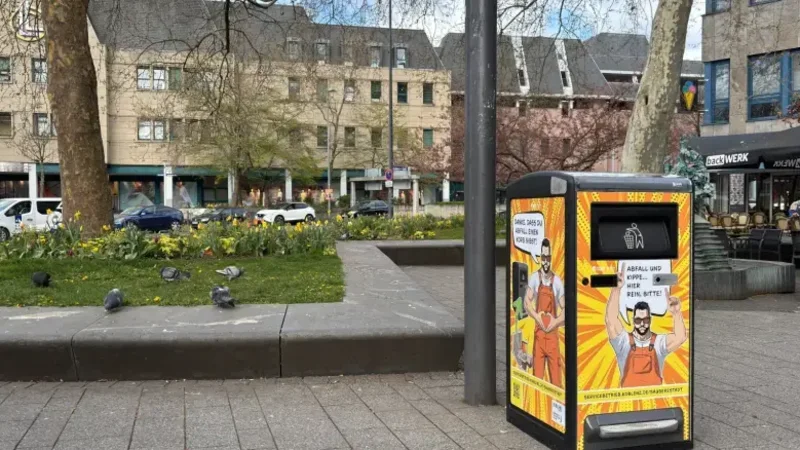 In der Koblenzer Innenstadt werden derzeit neuartige Papierkörbe getestet, die aufgrund von Verdichtung ein Vielfaches des regulären Abfallvolumens eines Papierkorbs aufnehmen können. Hier am