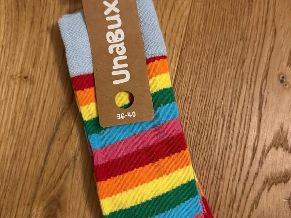 Die Koblenzer Grünen versteigern gemeinsam mit Oberbürgermeister David Langner ein ungetragenes Paar der Regenbogensocken.