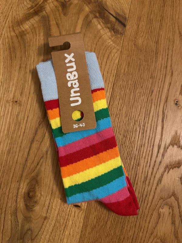 Die Koblenzer Grünen versteigern gemeinsam mit Oberbürgermeister David Langner ein ungetragenes Paar der Regenbogensocken.