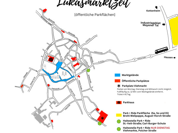 Die Parkplätze für den Lukasmarkt.