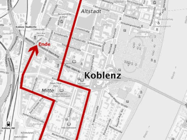Die Zugstrecke des Koblenzer Rosenmontagszug.