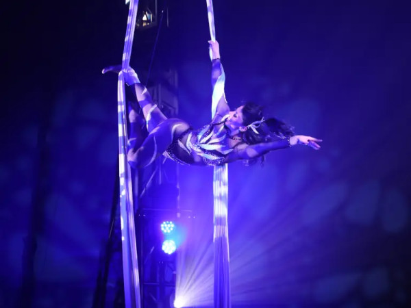Emi Velkova aus Bulgarien begeistert mit ihrer meisterhaften Luftakrobatik am Aerial Silk.