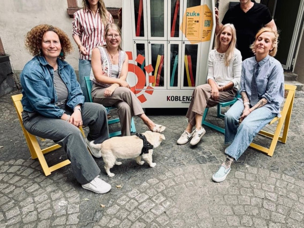 V.l. Christiane Walther-Oeckel (Koblenz-Stadtmarketing GmbH), Antje Müller (Amt für Stadtentwicklung und Bauordnung), Gina Neyses (BID Schloßstraße Koblenz e.V.), Sonja Thiyagarajah (Amt für Stadtentwicklung und Bauordnung), Oliver Hoffmann (Amt für Wirtschaftsförderung), Astrid Fries, Projektbüro Lebendige Innenstadt Koblenz.